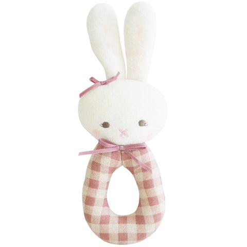 Alimrose Bunny Grab Rattle Rose Check